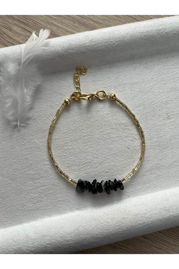 Snow Obsidian Natural Stone Gold Detailed Bracelet Minimal