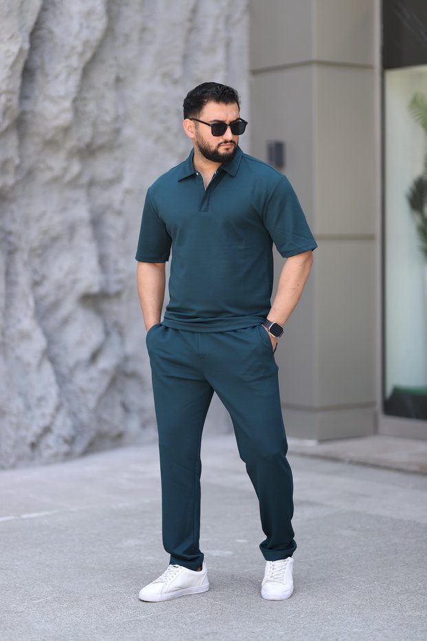 Men's Polo Neck T-Shirt Casual Fit Zipper Snap Detail Bottom Top Suit