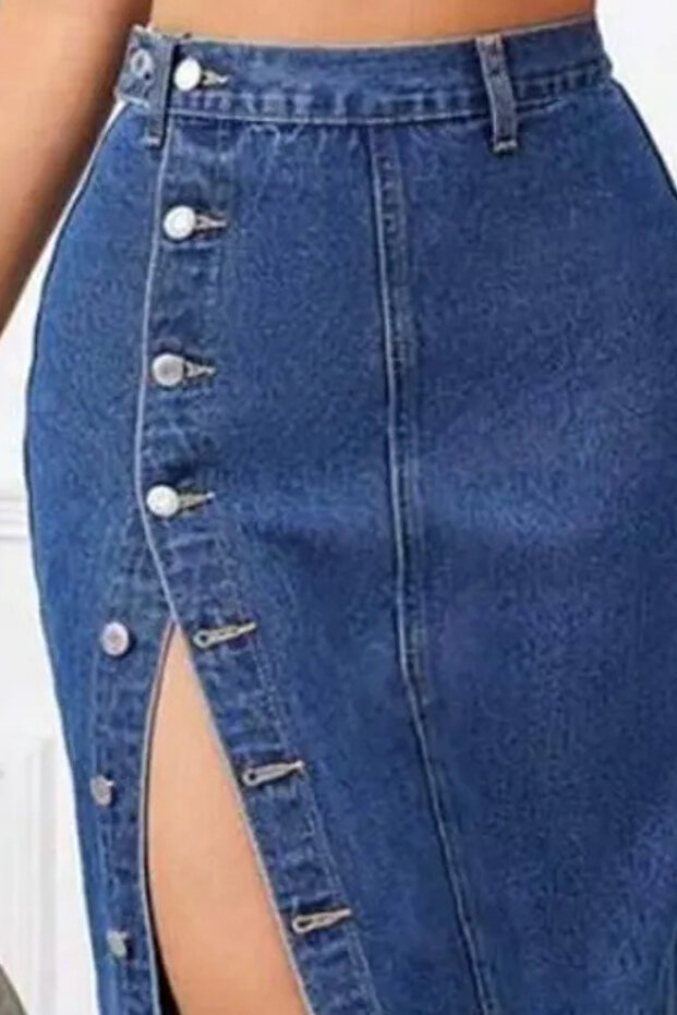 Kadın Düğmeli Yırtmaçlı Uzun Basic Dar Mavi Kot Etek - 5