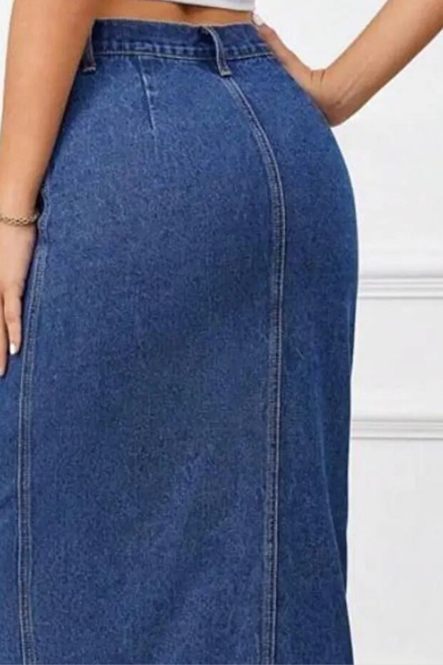 Kadın Düğmeli Yırtmaçlı Uzun Basic Dar Mavi Kot Etek - 6
