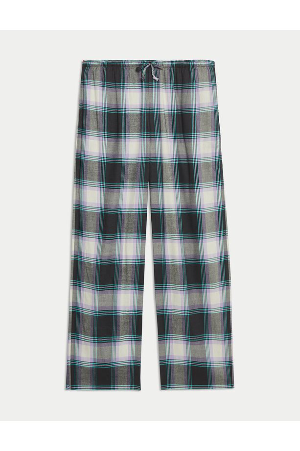 Pamuk Karışımlı Ekose Desenli Geniş Paça Pijama Altı - 4