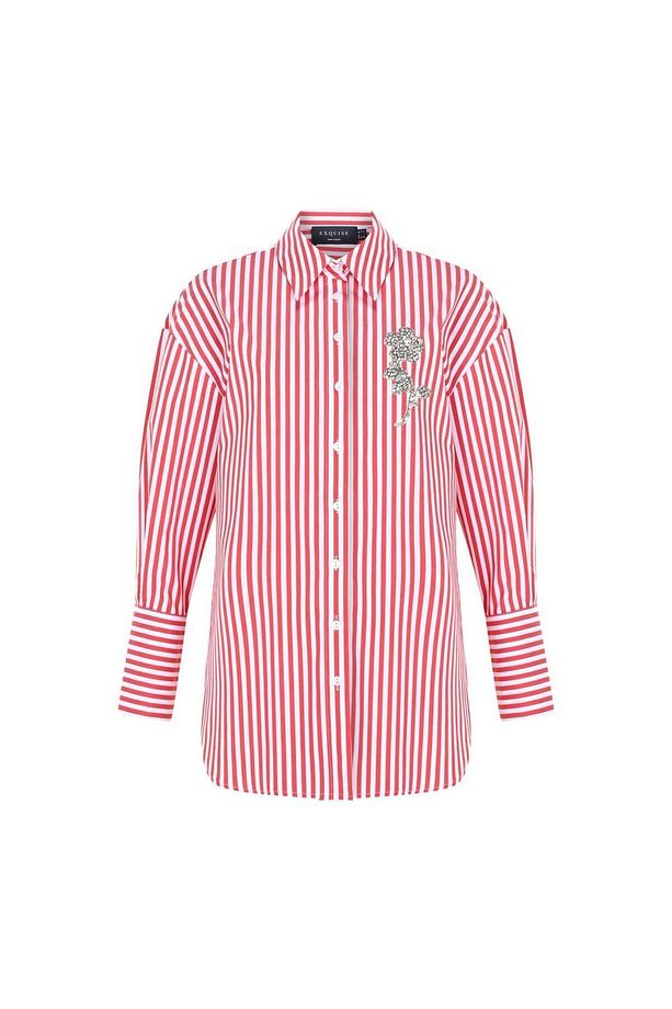 Taş Işleme Detaylı Oversize Çizgili Poplin Gömlek - 7