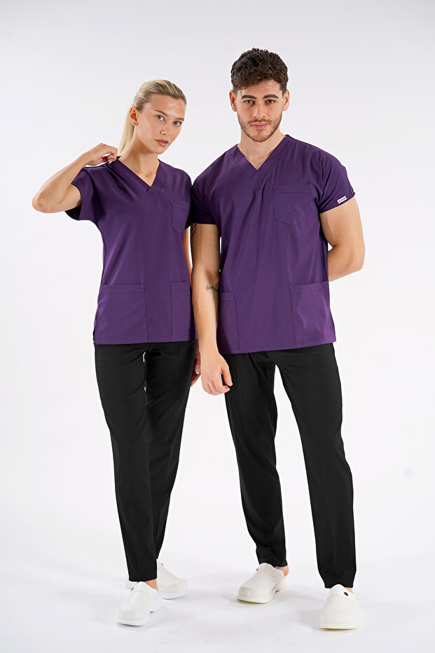 Purple Dr.Greys Model Lycra Nurse Doctor Uniform Scrubs Single Top Unisex Bat Sleeve