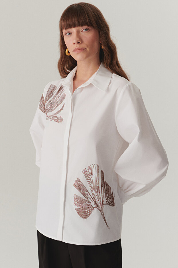 Çiçek Dikiş Detaylı Pamuk Regular Kemik Gömlek - 2