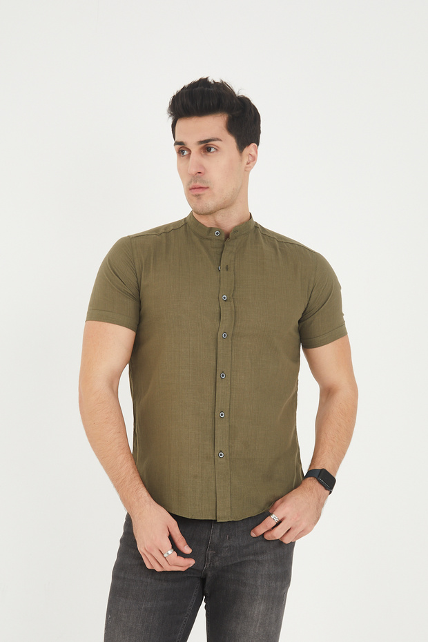 Short Sleeve Judge Collar 100% Cotton Linen Textured Slim Fit Shirt