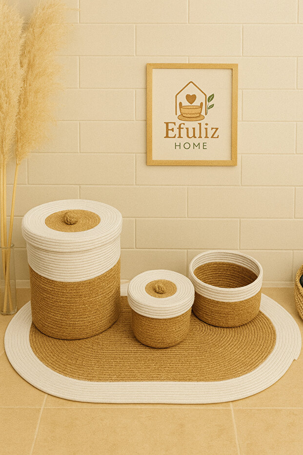 Jute-Wicker Bamboo White Color Bathroom Set, Laundry-Makeup-Organizer Set, Basket, Carpet, Bohemian Set.