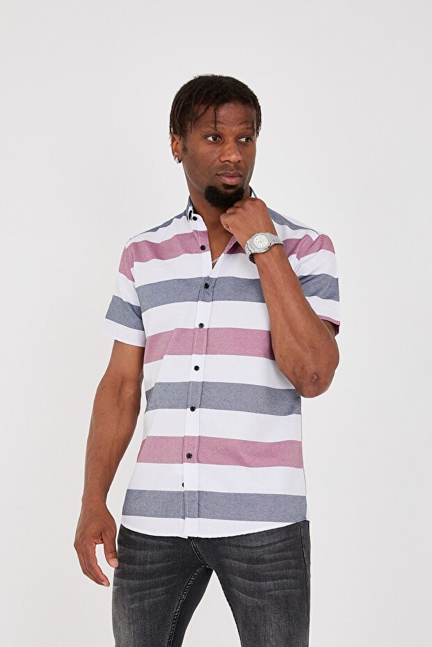 Short Sleeve Striped Oxford Men's Shirt