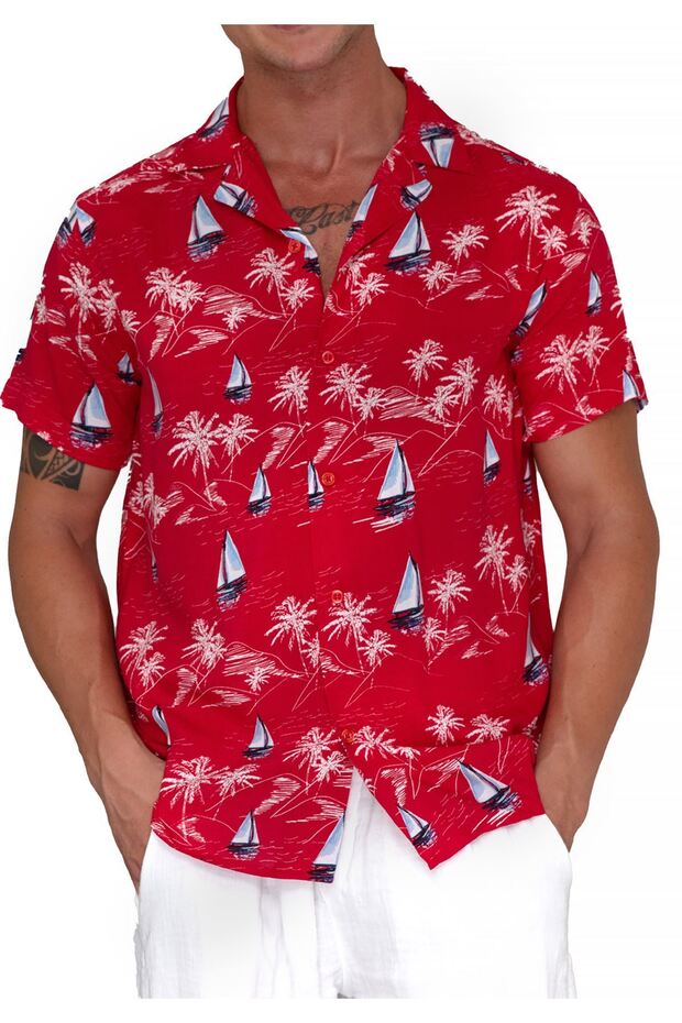 Red Blue White Sailor Sailing Printed Hawaiian Oversize Relaxed Fit Short Sleeve Loose Shirt