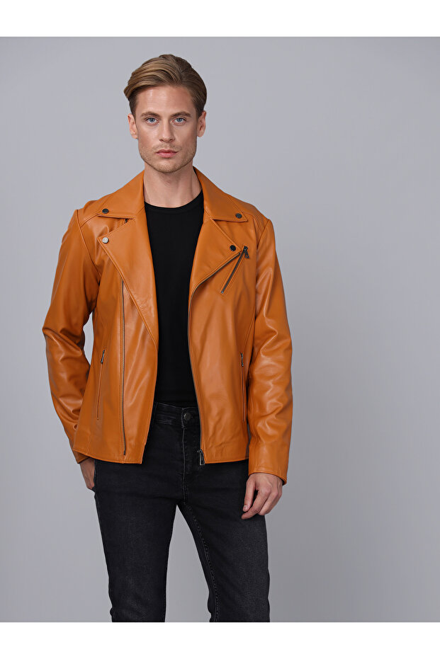 Erkek Biker Camel Deri Ceket - E2021 - 4