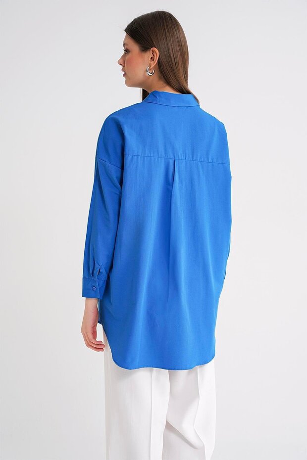 4053 Kadın Tek Cepli Oversize Basic Gömlek Mavi - 6