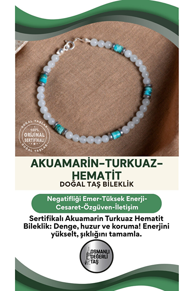Certified Aquamarine Turquoise Hematite Natural Stone Bracelet