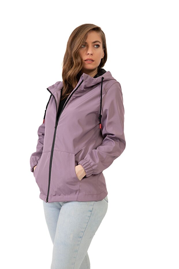 Women's Sport Plum Waterproof and Wind-Resistant Lined Hooded Raincoat - Windbreaker