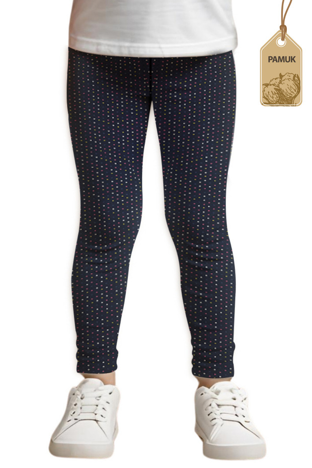 Girl's Black Small Polka Dot Patterned Seasonal and Summer Lycra Long Comfortable Cotton Leggings