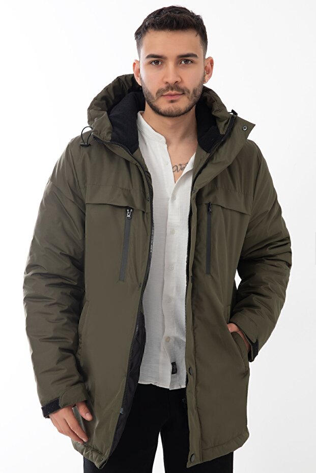 Men's Khaki Fleece Fur Water and Windproof Hooded Winter Coat & Coat & Parka