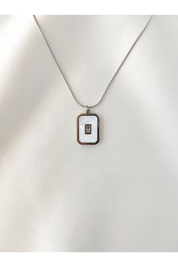 Women's Stainless Steel Zircon Stone Rectangular Mother of Pearl Necklace