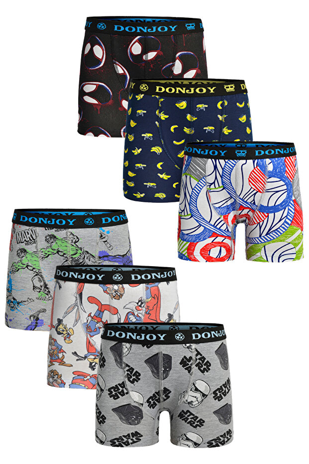 don joy Erkek Çocuk 6'lı Penye Pamuklu Beli Lastikli Karışık Desenli Boxer
