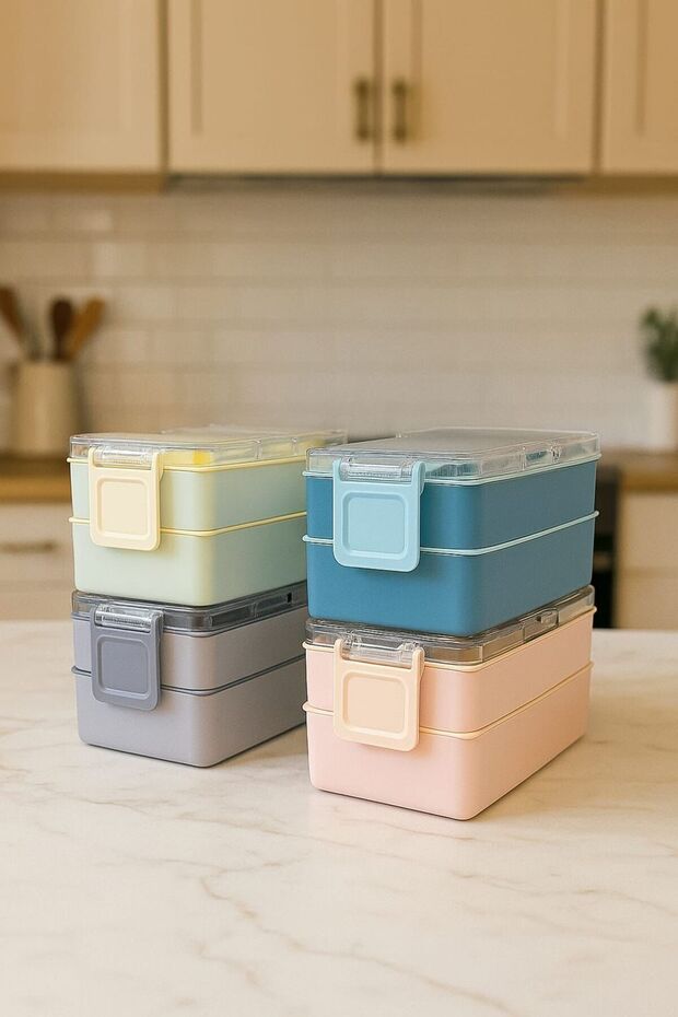 Layers Pink 2 Tier Storage Container Lunch Box with Fork and Spoon - Lunch Box with Nutrition Compartments - 5