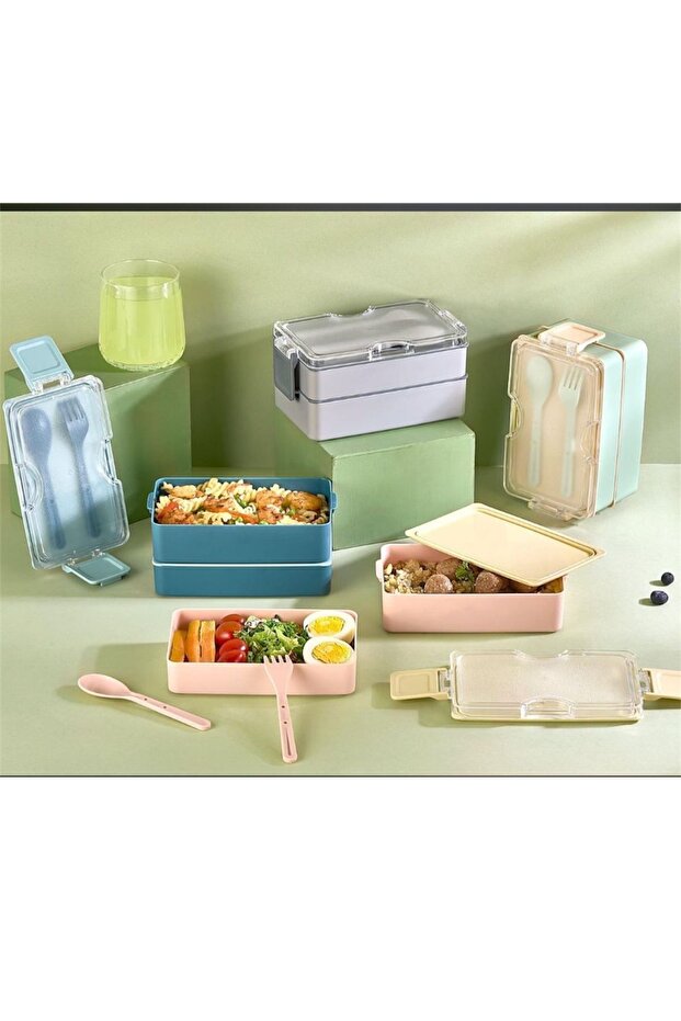 Layers Green 2 Tier Storage Container with Fork and Spoon Lunch Box - Lunch Box with Nutrition Compartments - 5