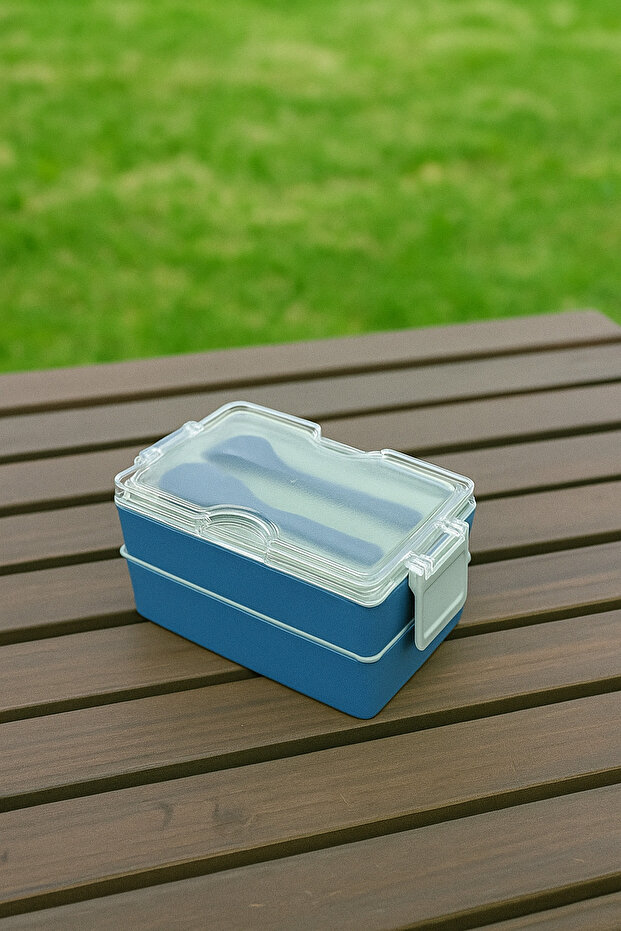 Layers Blue 2 Tier Storage Container Lunch Box with Fork and Spoon - Lunch Box with Nutrition Compartments - 2