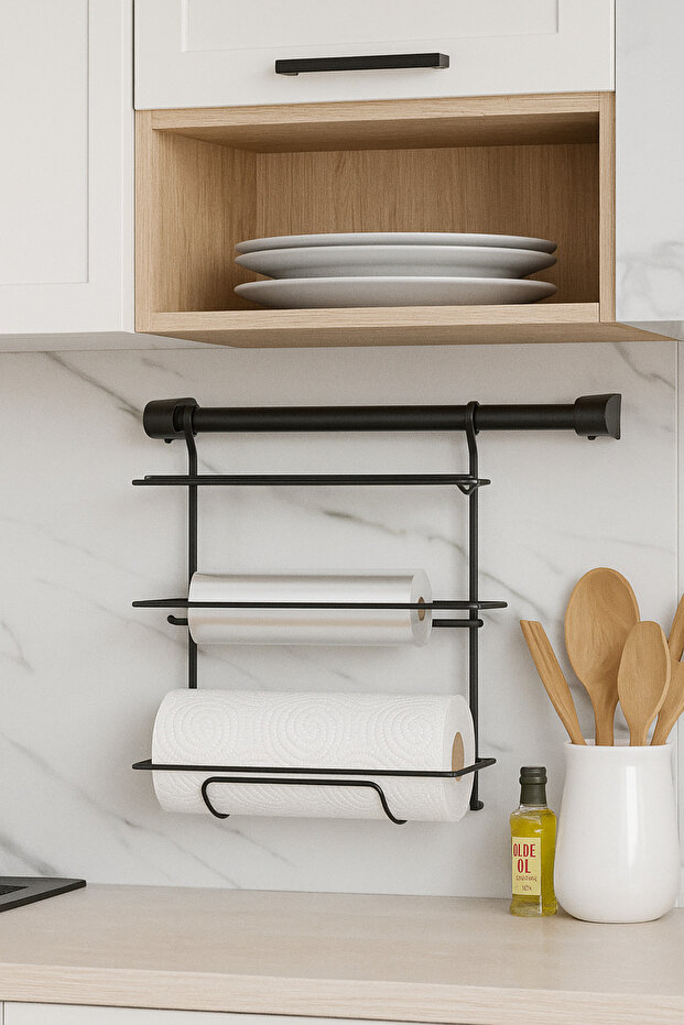 Hanging Foil Holder & Paper Towel Holder Set for Kitchen - Black with Stretch Spout