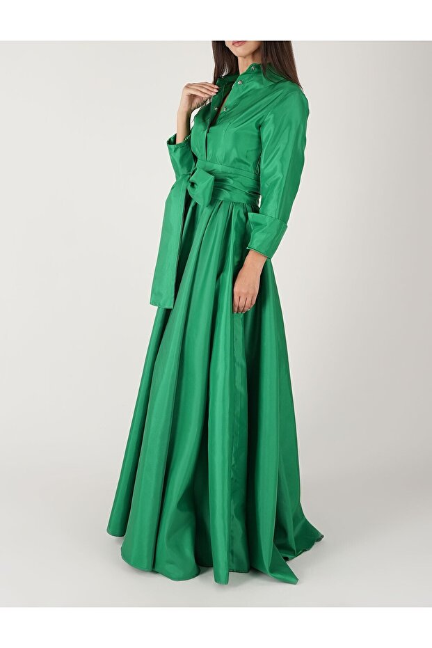 Kuşaklı Yeşil Tafta Uzun Gömlek Elbise - 3