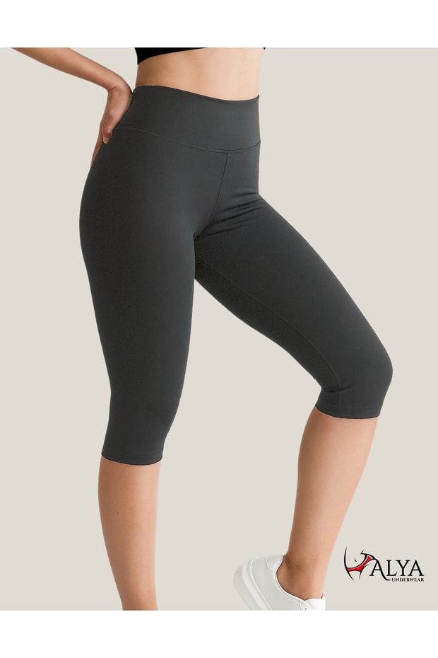 Below the Knee Capri Leggings High Waist Lycra Shiny Diving Fabric, Anthracite (Smoked)