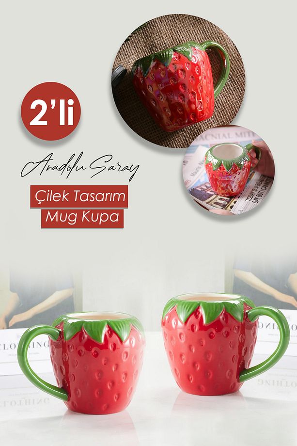 2 ADET El Yapımı Seramik Büyük Boy Çilek Tasarım Mug Kupa Fincan | Seramik Mug Fincan Kahve Kupası - 2