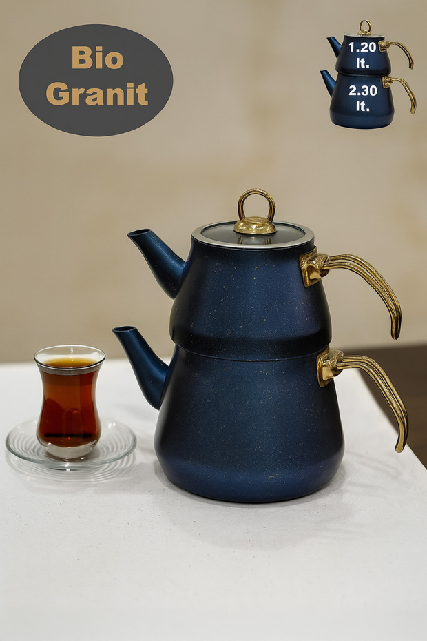 Granit Kaplama Gold Kulplu Cam Kapak Çaydanlık Mavi - 2