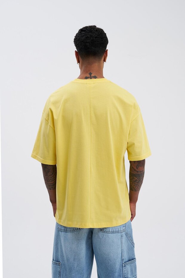 Erkek Basic Super Pamuklu Oversize Açık Sarı Tişört - 5
