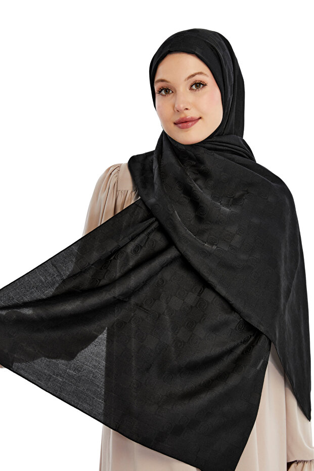 شال بنمط مونوغرام - أسود - 1