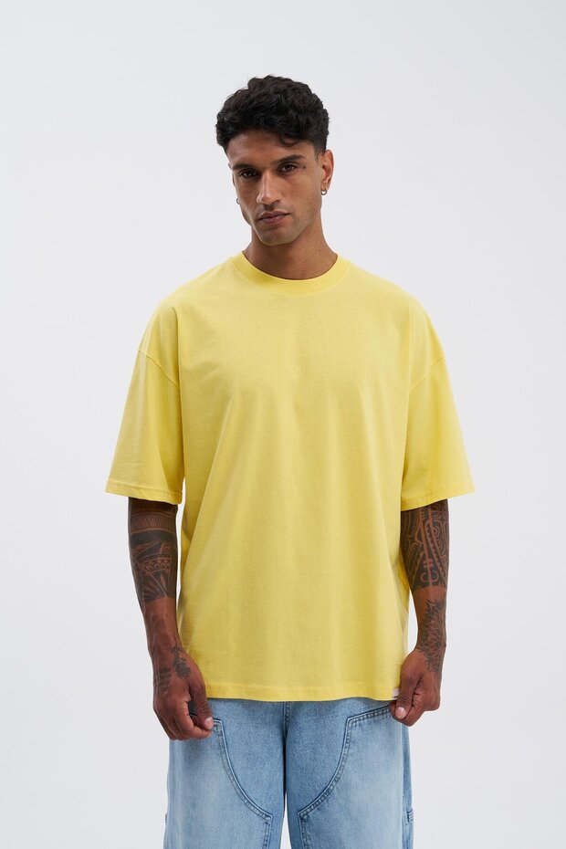 Erkek Basic Super Pamuklu Oversize Açık Sarı Tişört - 4
