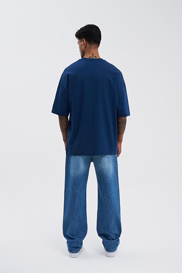 Erkek Basic Super Pamuklu Oversize İndigo Tişört - 9
