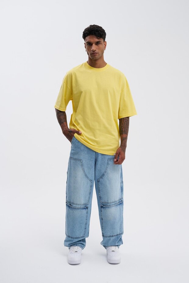 Erkek Basic Super Pamuklu Oversize Açık Sarı Tişört - 6