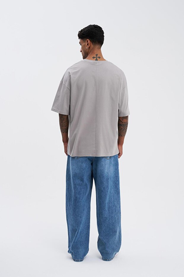 Erkek Basic Super Pamuklu Oversize Açık Gri Tişört - 6