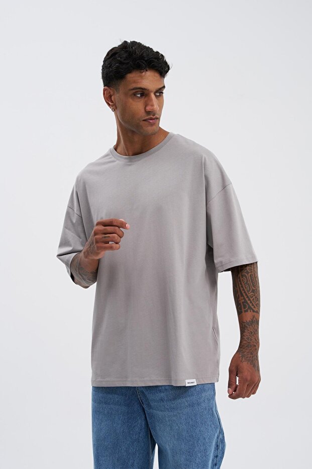 Erkek Basic Super Pamuklu Oversize Açık Gri Tişört - 1