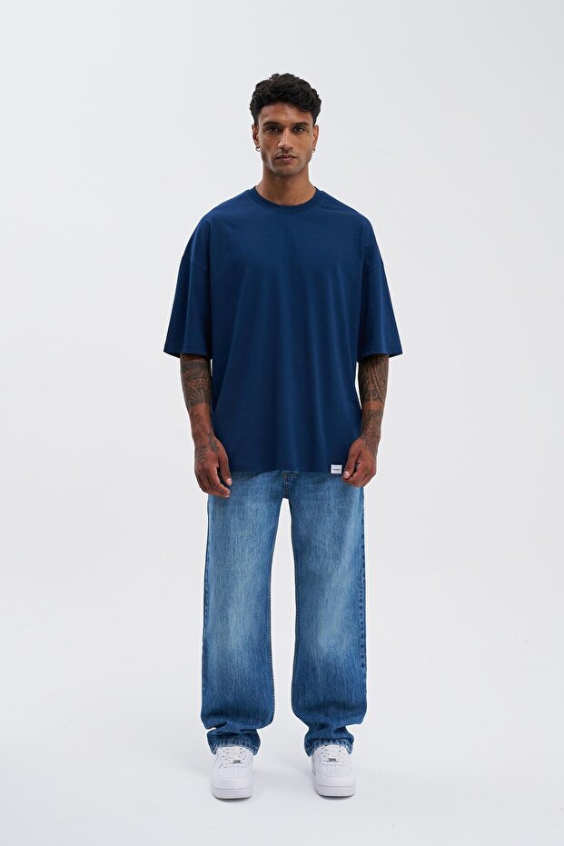 Erkek Basic Super Pamuklu Oversize İndigo Tişört - 7