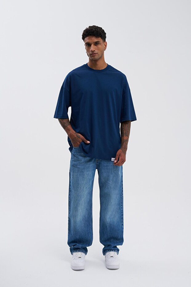 Erkek Basic Super Pamuklu Oversize İndigo Tişört - 6
