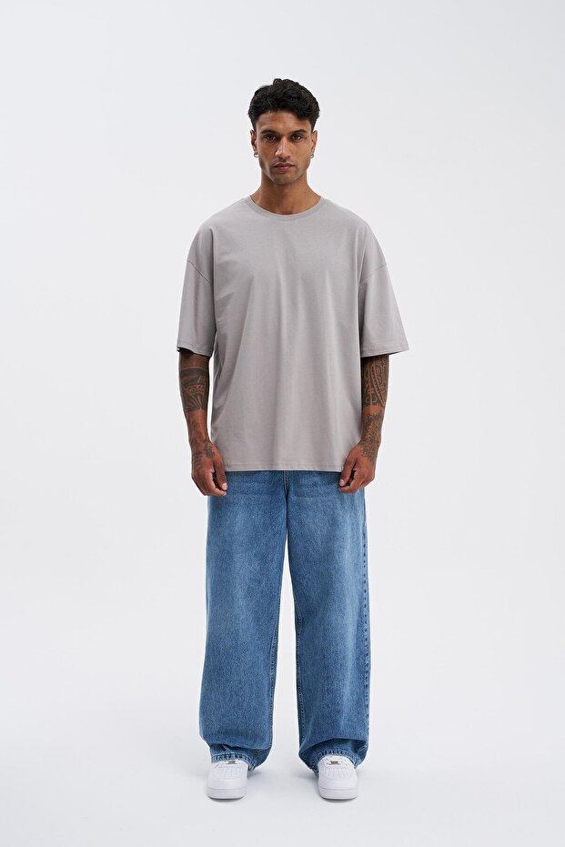 Erkek Basic Super Pamuklu Oversize Açık Gri Tişört - 4