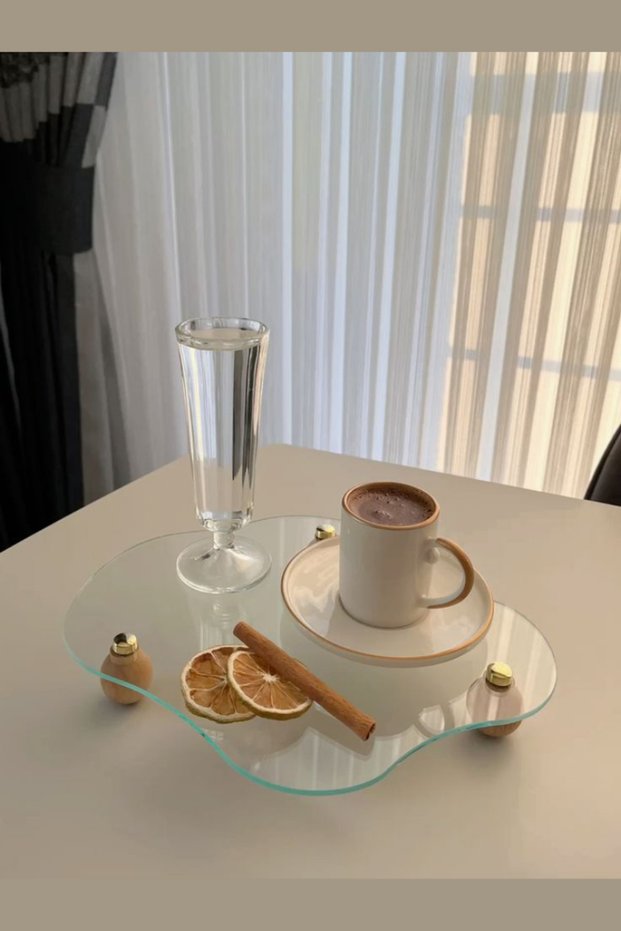 Curve Glass Tray with Wooden Ball Legs Decorative Organizer Stand Makeup/Jewelry/Kitchen