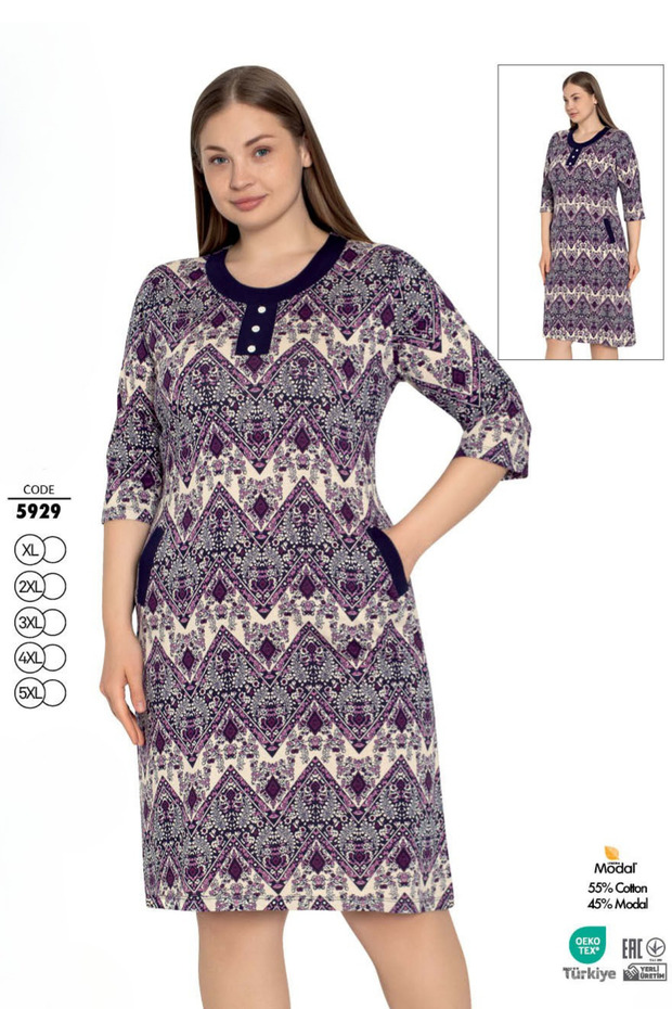 Women's Plus Size Cotton Modal Fabric Dress / Navy - Dusty Rose 5929