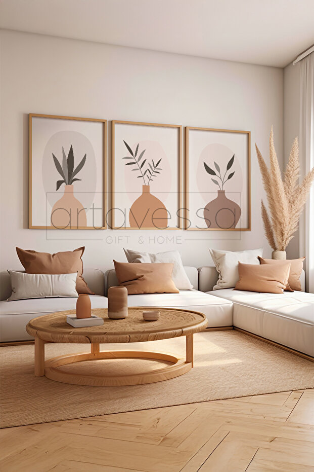 3 Piece Real Raw Wood Framed Painting Set - Model 4