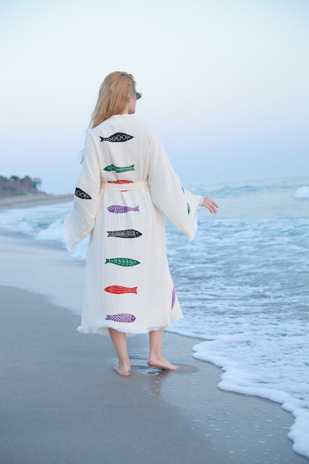 Muslin Kimono 100% Cotton Fish Printed Patterned Bathrobe Kaftan Dressing Gown