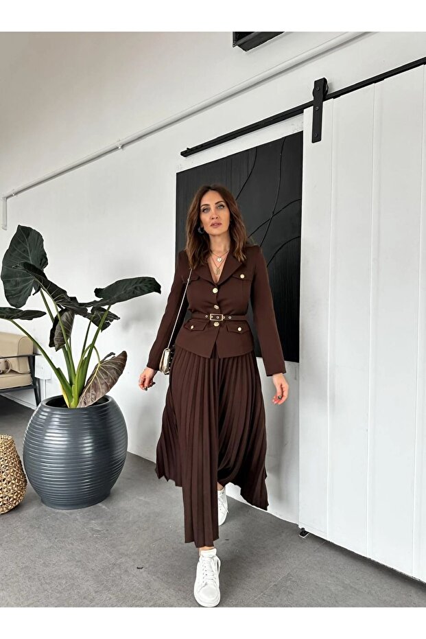 Elizabeth Gold Belted-Buttoned Blazer Jacket and Pleated Long Skirt Set
