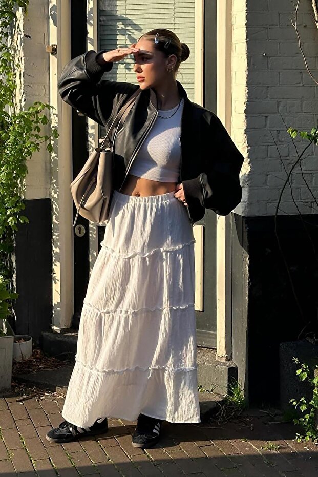 White Basic Long Pleated Skirt Sh159 - 6