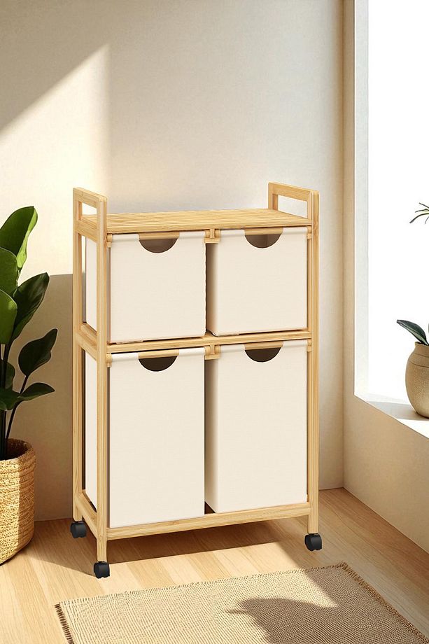 Bambu 4 Bölmeli Kirli Sepetli Çamaşır Sepeti Raflı Banyo Düzenleyici DB-0018 - 3