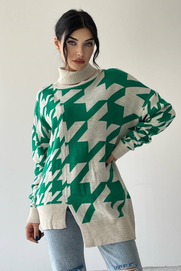 Women's Knitwear Fabric Turtleneck Asymmetrical Cut Oversize Sweater 193