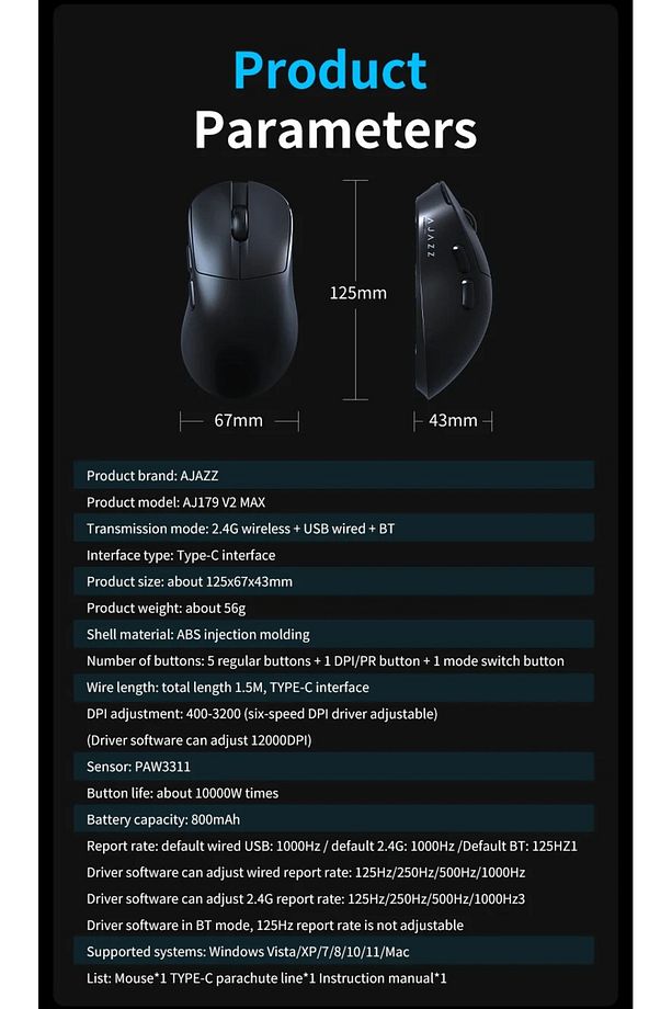 Aj179v2 Max 3 Modlu(USB-WIRELESS-BT) 1000hz 800mAh Batarya 12.000 Dpi-paw 3311 Sensör Gaming Mouse - 7