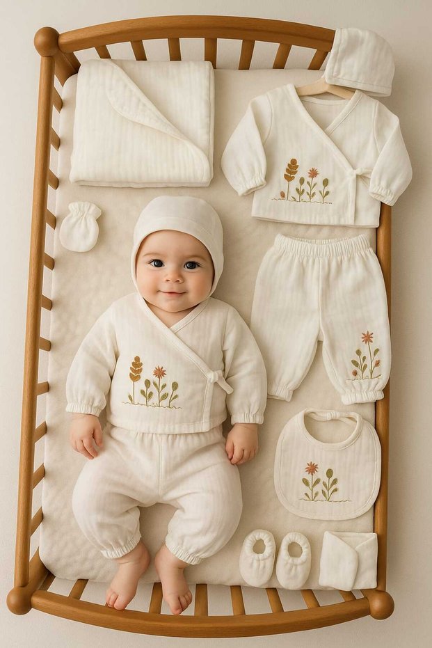 Newborn Baby Girl 10-Piece Embroidery Detailed Hospital Release Organic Natural Muslin Fabric (Boxed Gift)