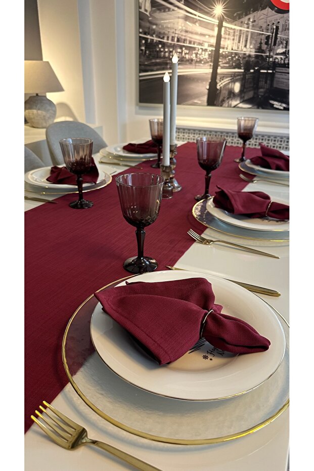 Keten Dokulu Şarabi Bordo Runner Dertsiz Kumaş 1 Ad Runner - 7