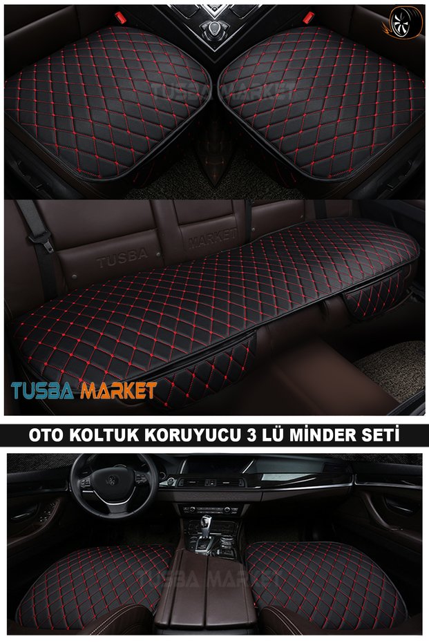 Car Seat Protector Triple Cushion Set with Pocket / Luxury Black Leather & Red Embroidery / All Vehicles
